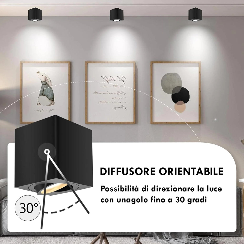 DATO Faretto soffitto plafoniera quadrata LED GU10 diffusore orientabile luce ingresso corridoio cucina bagno negozio 230V NERO