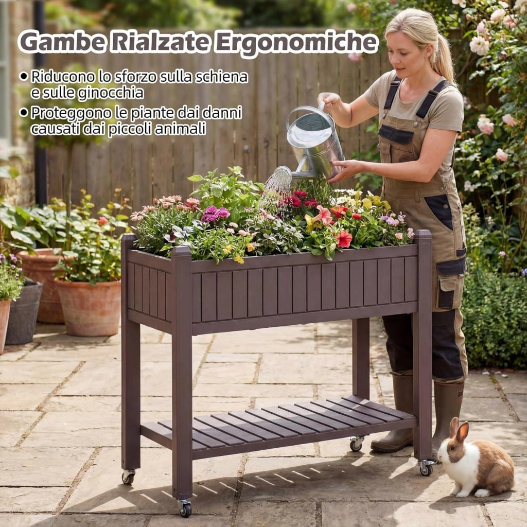 Letto da Giardino Rialzato con Ruote, Fioriera Elevata Divisibile con Monitor d’Acqua, Foro di Drenaggio e Ripiano per Verdure, Erbe, Contenitore Impermeabile per Piante da Cortile e Patio