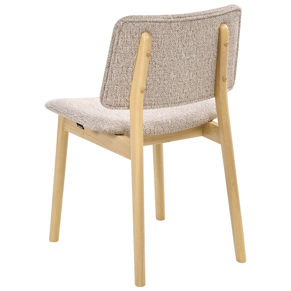 Set di 2 sedie da pranzo marrone chiaro e tortora con struttura in legno di gomma e seduta bouclé, design retrò senza braccioli