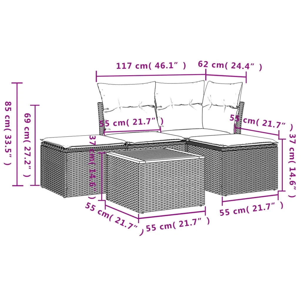 Set Divano da Giardino 5 pz con Cuscini Beige in Polyrattan