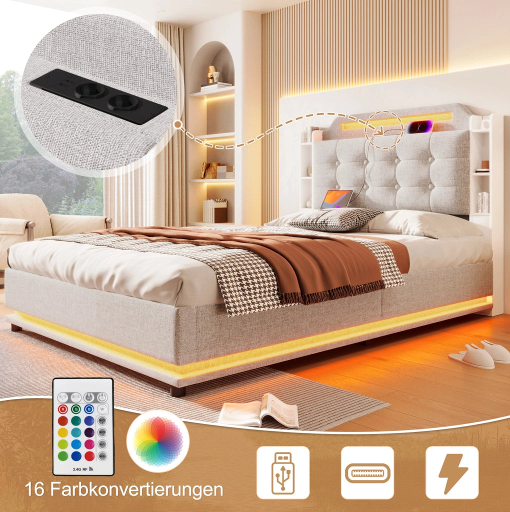 Letto imbottito 140x200 cm con LED; contenitore idraulico; USB Type-C; beige