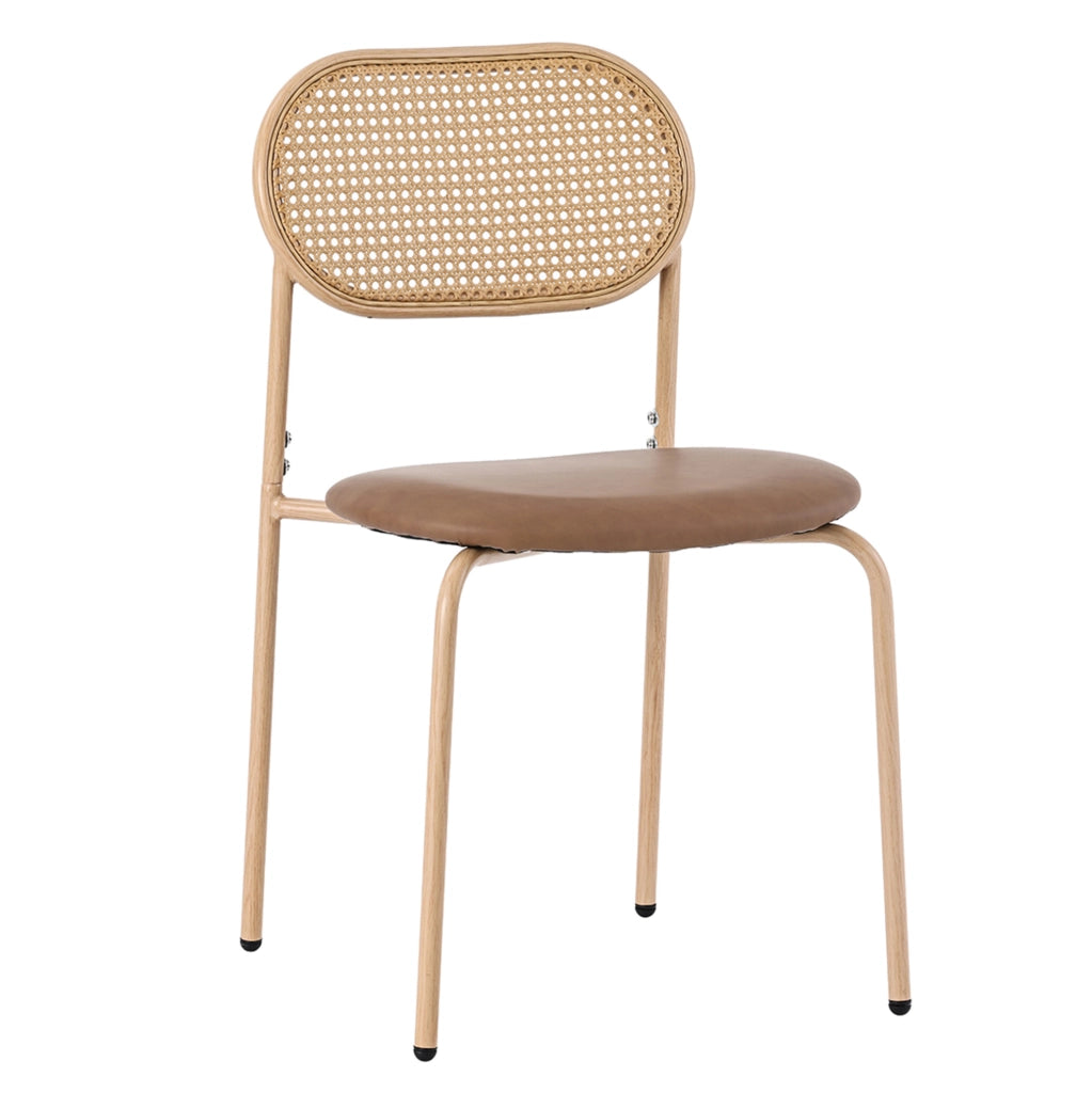 Set di 4 sedie da pranzo in PU marrone con schienale in rattan naturale