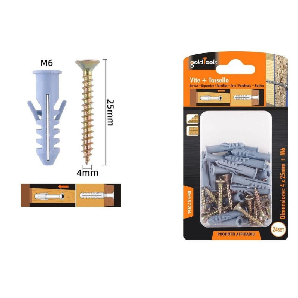 Trade Shop - Set 24 Pezzi Viti Vite 4 X 25 Mm + Tasselli Con Alette Tassello M6 Fischer 57204 -