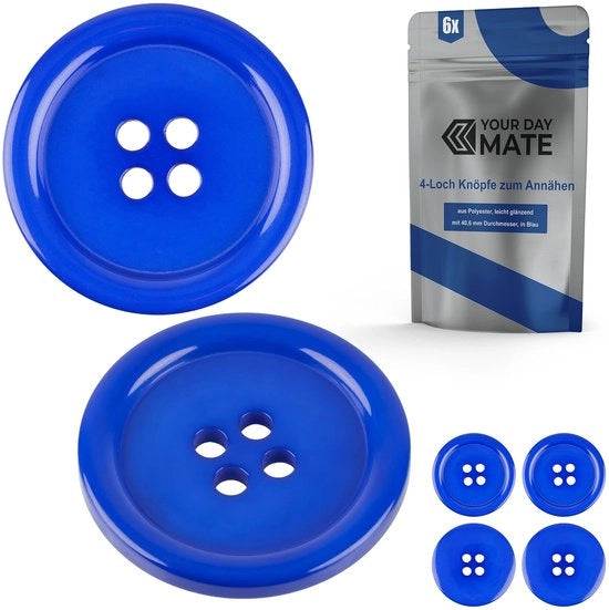 Punti per abbigliamento, 6 pezzi, 4 fori, Ø 40,6 mm, in blu, di poliestere, misura 64L, punti per giacche, cappotti, camicie, polo, punti DIY di resina, punti per bucato, punti base, punti per artigianato