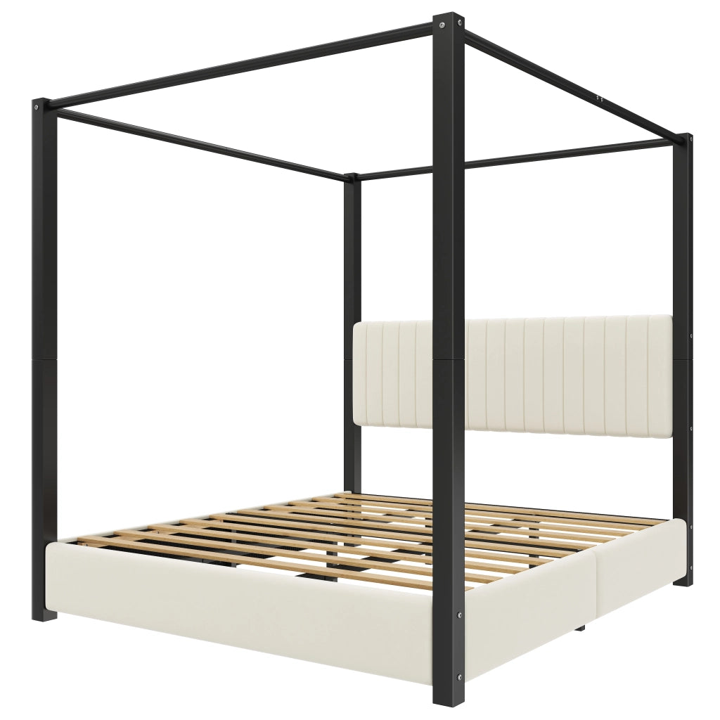 LETTO a Baldacchino 180x200 cm Imbottito in Velluto Beige e Nero