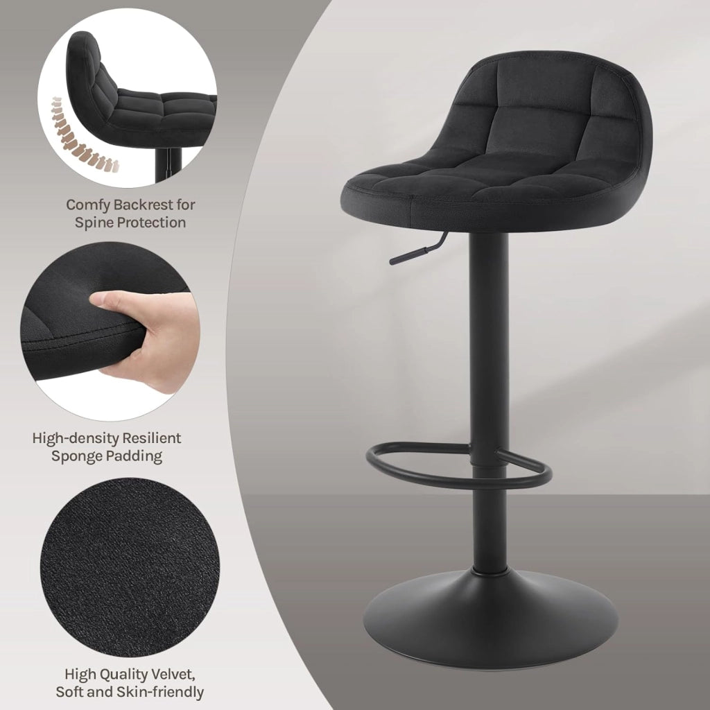 Set di 4 Sgabelli da Bar con Schienale Sedia Alta da Cucina Imbottita Seduta Regolabile in Altezza 60-82cm con Poggiapiedi Girevole a 360° in Velluto, Nero BH317sz-4