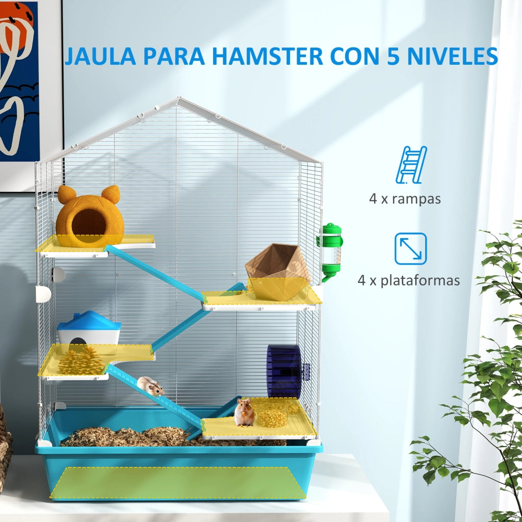 Gabbia per Criceti a 5 Livelli con Piattaforme, Casetta, Rampas e Ruota ¨C Zephmum ¨C 58x36x81cm Azzurro