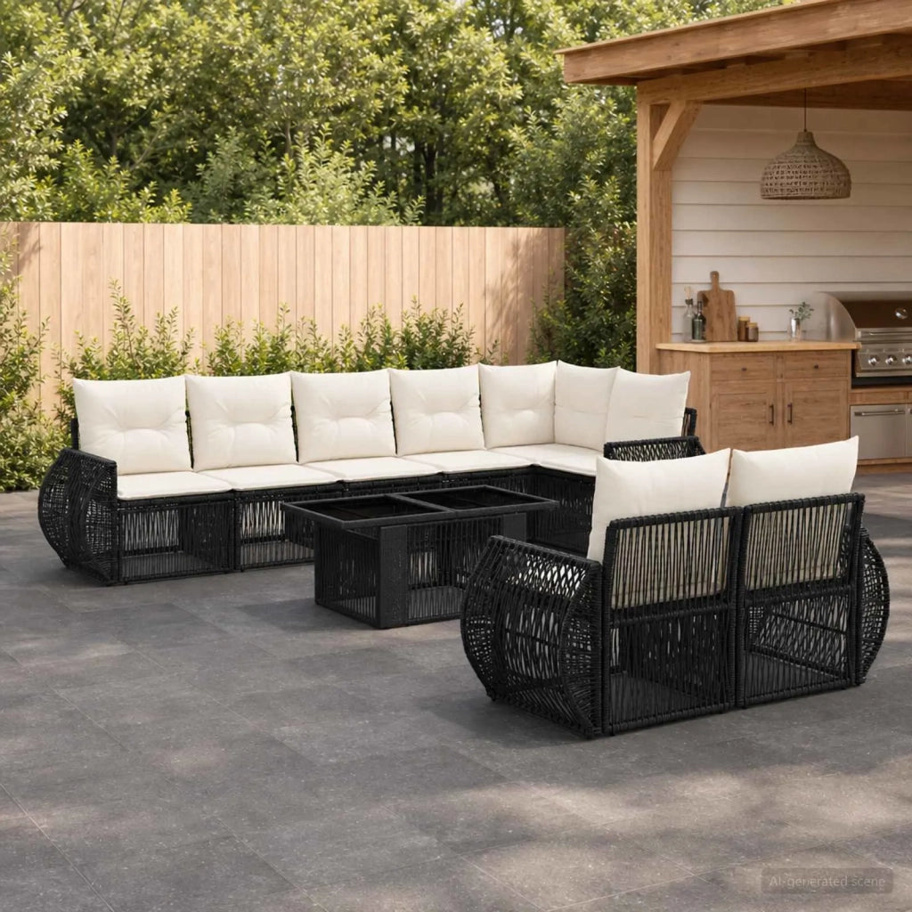 Set Divano da Giardino 9 pz Nero e Bianco Crema polyrattan 3436972