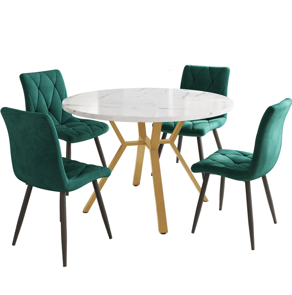 Set tavolo e 4 sedie; raggio 50 cm; piano effetto marmo; MDF; oro e verde