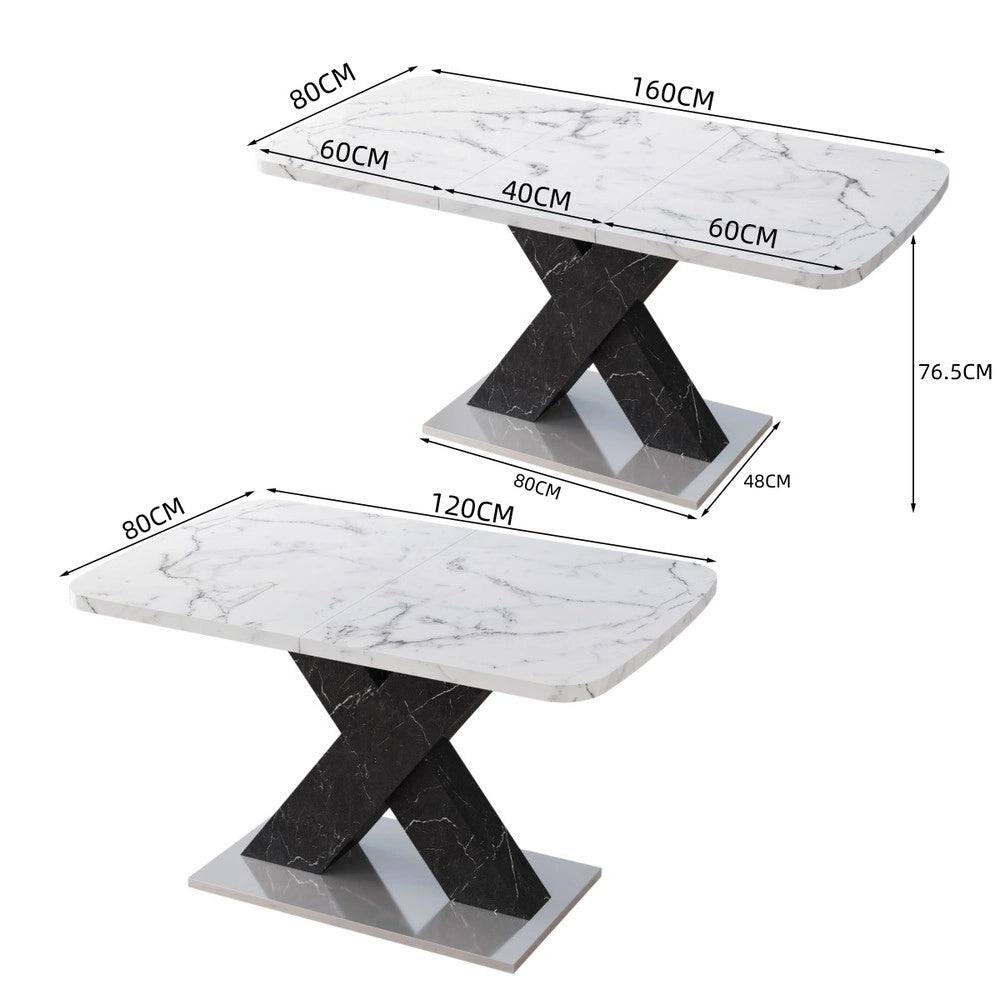 Tavolo da Pranzo Allungabile ¨C MINIMAL ¨C Piano Effetto Marmo Bianco, Gambe Nere in Metallo, 120-160 cm