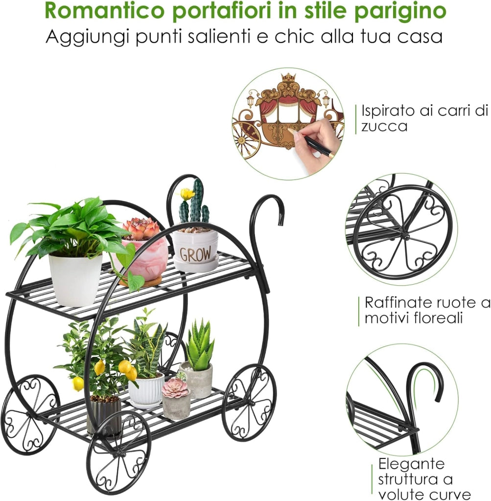 Scaffale per Piante in Metallo, Scaffale Portavasi a 2 Livelli con 4 Ruote, Porta Fiori da Interno ed Esterno per Soggiorno, Giardino e Balcone