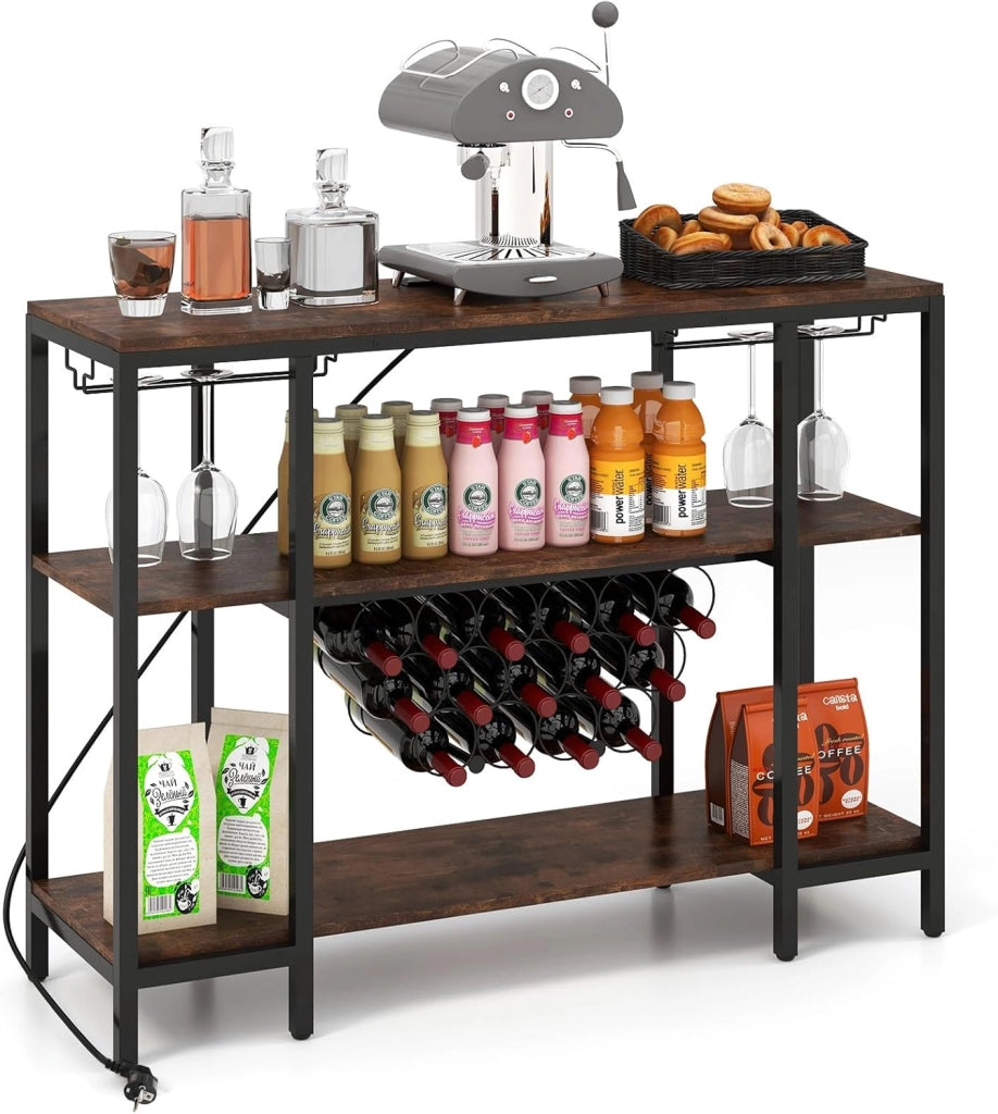 Portabottiglie Per 15 Bottiglie, Portabottiglie a 3 Livelli Con Supporto In Vetro, Tavolo Da Vino Con 2 Porte USB e 2 Prese, Armadietto Per Vino Industriale Metallo, 113 x 35 x 85 cm
