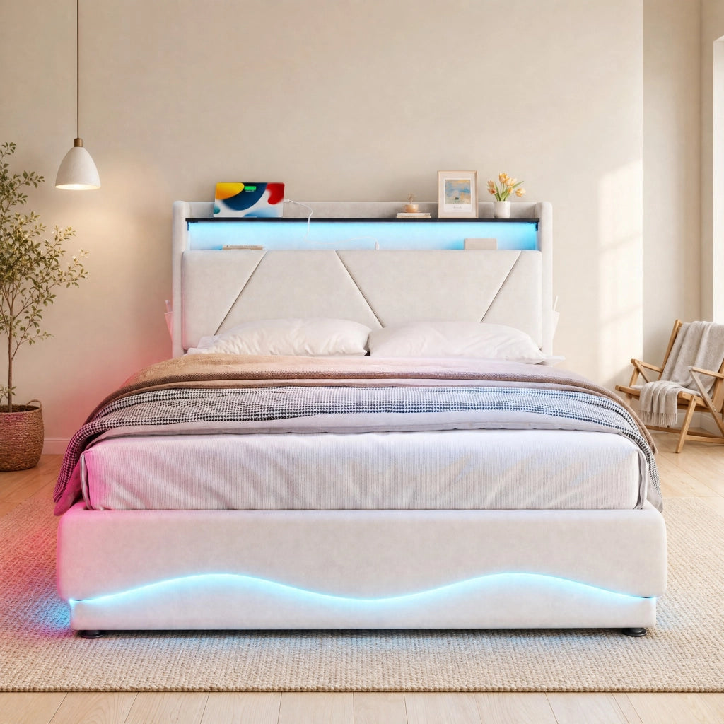 LETTO Contenitore 160x200 cm in velluto beige con LED, USB e tasche laterali