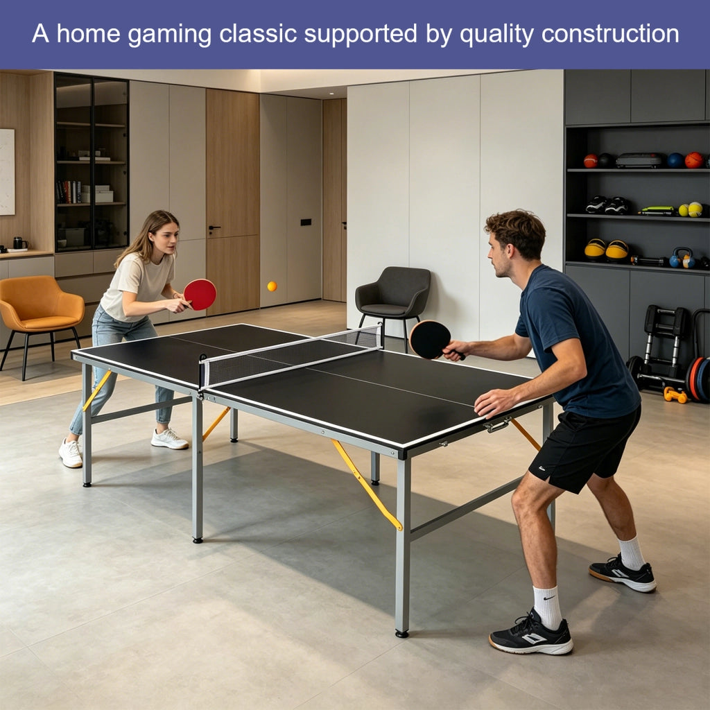 TAVOLO PING PONG 182x91 cm Nero MDF e Acciaio, Set con rete, 2 racchette, 3 palline