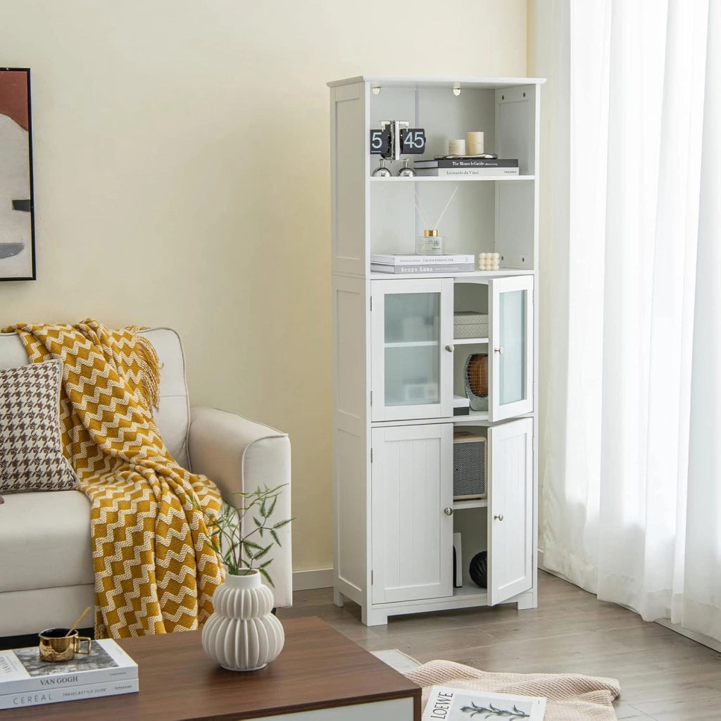 Armadio da Bagno, Mobiletto Alto da Terra con 2 Armadietti e Ripiani Regolabili, con Ante in Vetro, Mobile Portaoggetti Multiusi per Bagno Soggiorno, 60x30x163 cm (Bianco)