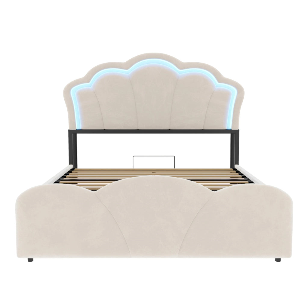 Letto matrimoniale 140x200 cm con contenitore idraulico; LED e prese; beige