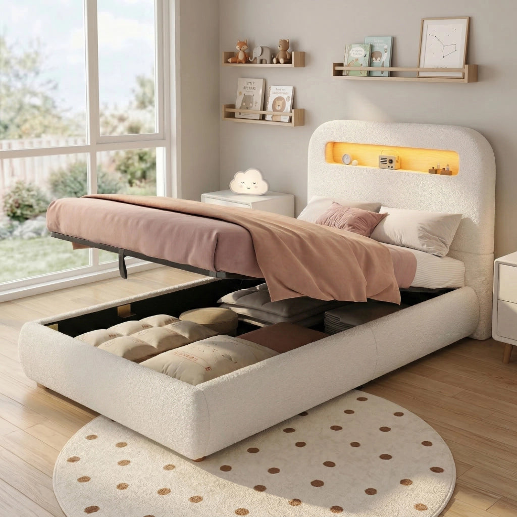 Letto singolo imbottito 90x200 cm con contenitore idraulico, LED e rete a doghe, bianco bouclé