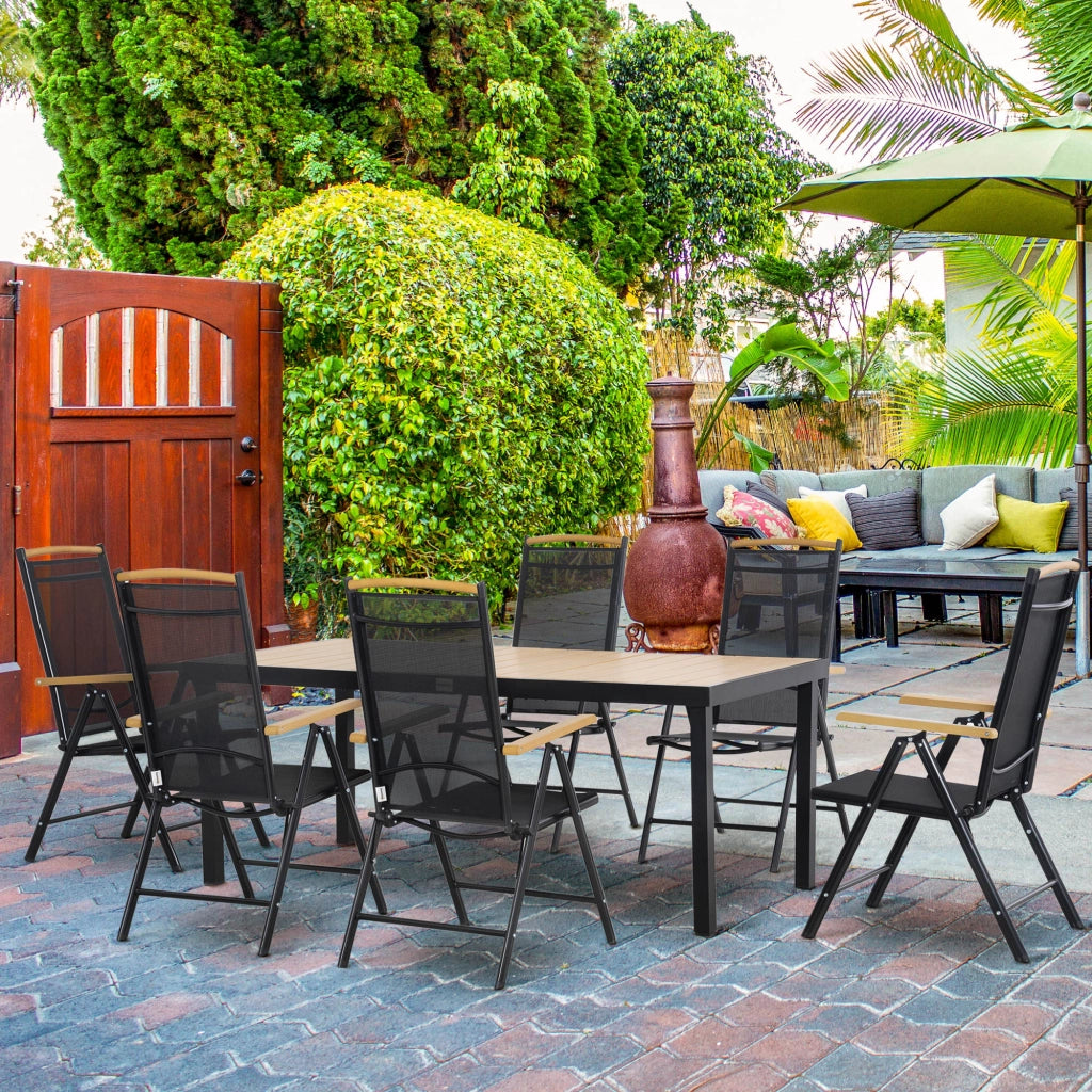 Easycomfort Set 7Pz Tavolo con Sedie da Giardino Pieghevoli e Regolabili in Texteline, Nero