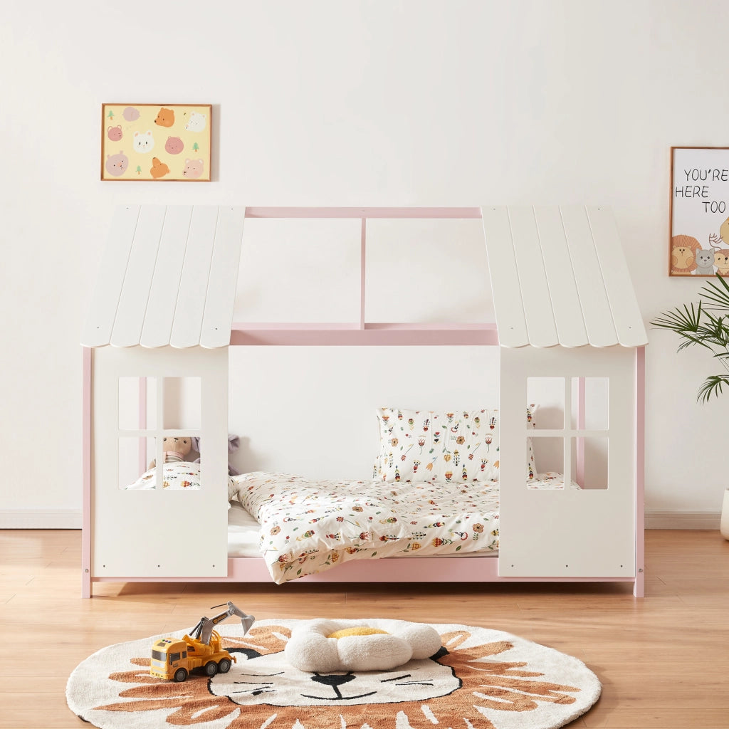 Letto Tostedt per Cameretta a Forma di Casetta con Materasso 120 x 200 Rosa / Bianco [en.casa]