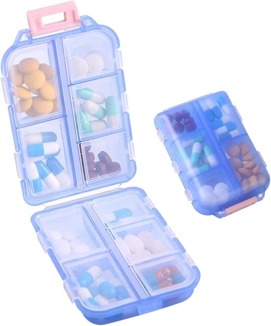 Organizzatore di pilli portatile - 10 Cassetta di medicinali con compartimenti, Piccola cassetta di medicinali da viaggio, Molto adatta per la conservazione durante i viaggi, Contenitore di pilli per portafoglio blu cielo