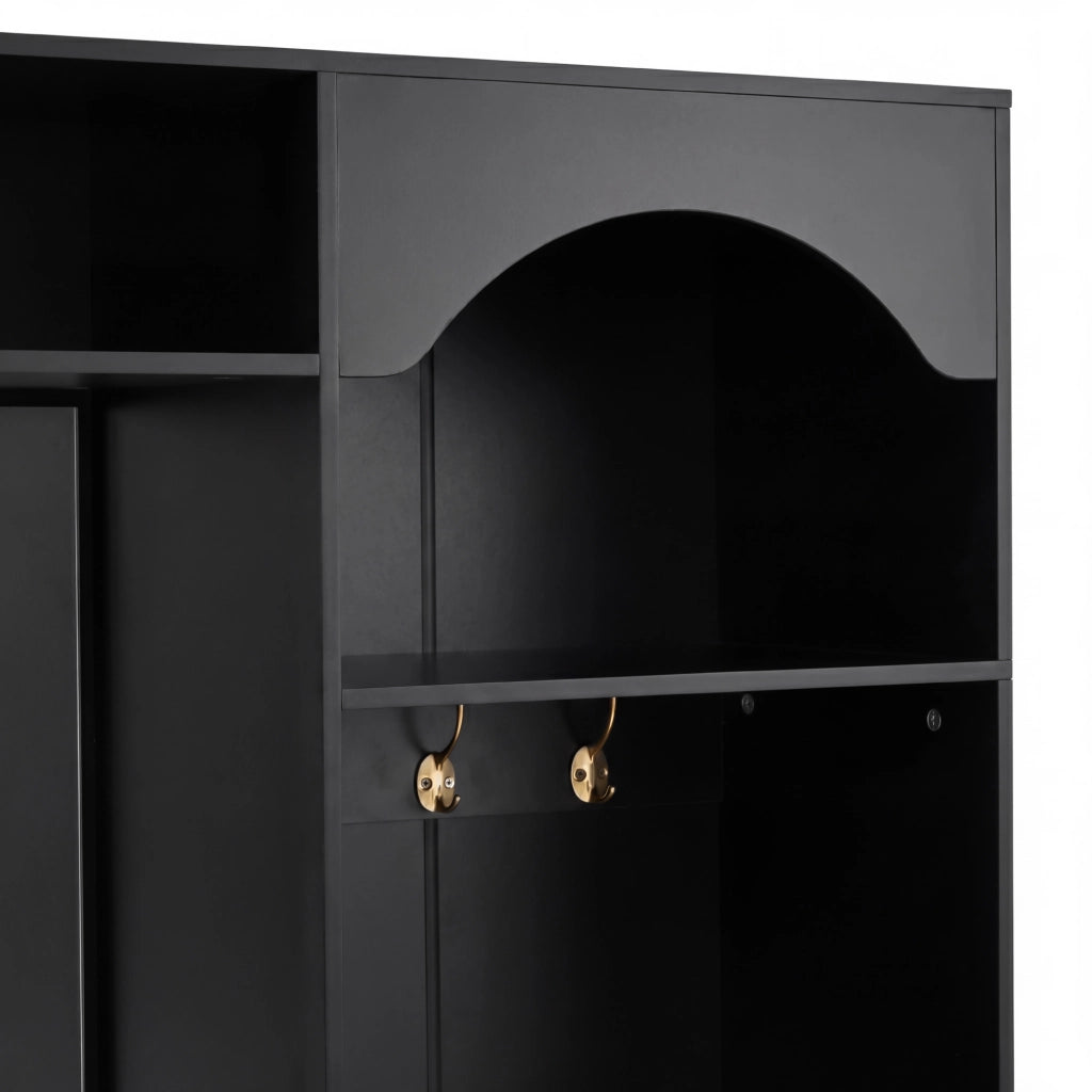 Armadio da ingresso con specchio, ganci, panca e LED, ripiani regolabili, nero, 100 × 35 × 180 cm
