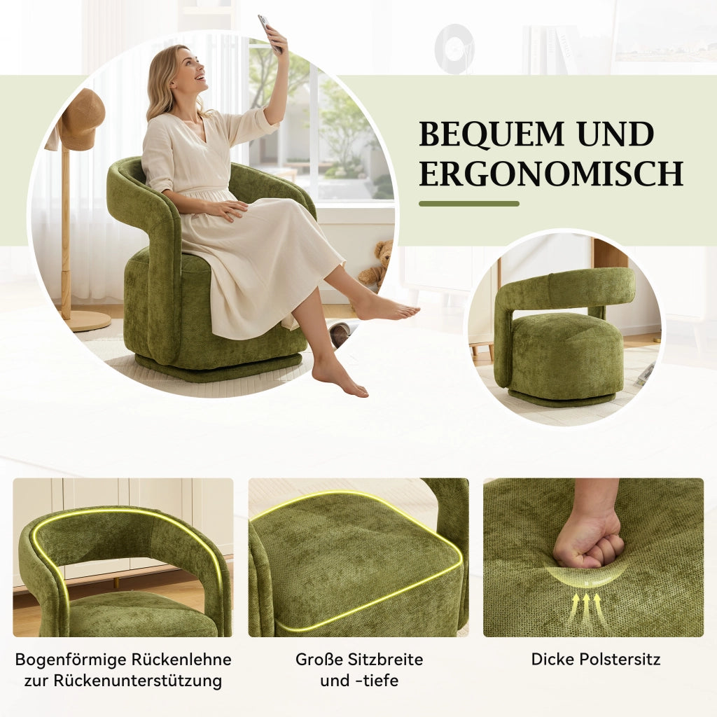 Poltrona girevole 360° in chenille con schienale ergonomico e base robusta verde per soggiorno e lettura moderna