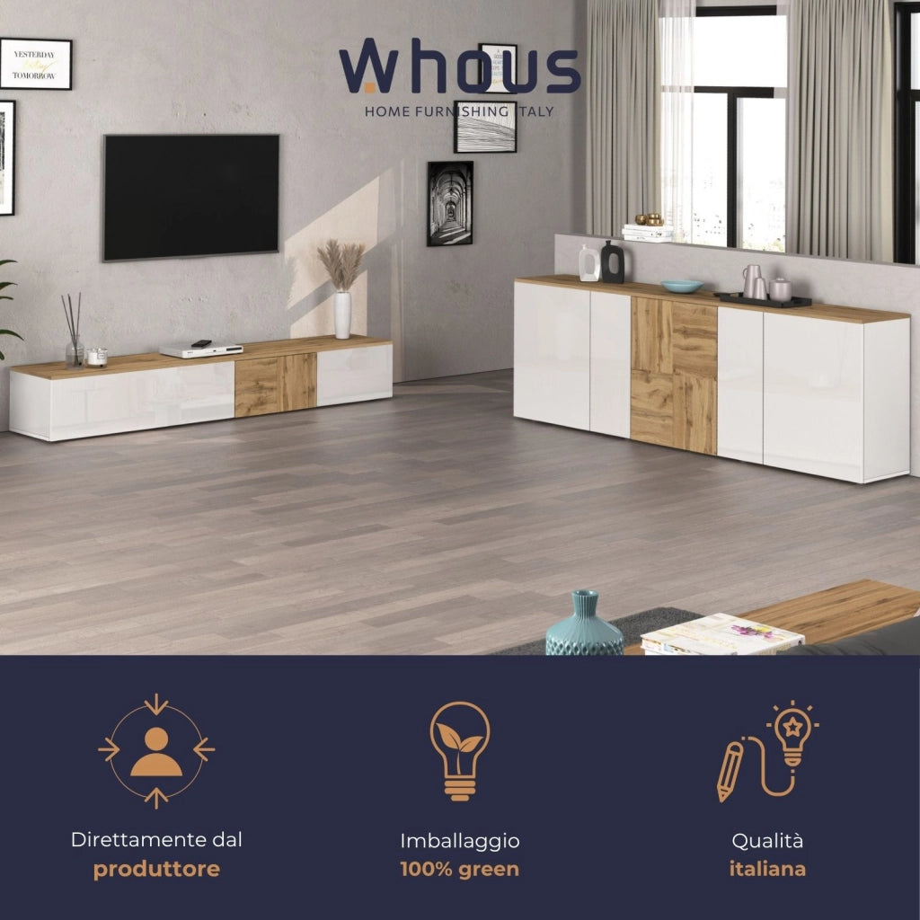 WHOUS Credenza sospesa Iseo con 5 ante e 10 scomparti interni bianco lucido e rovere 200x35x70 cm