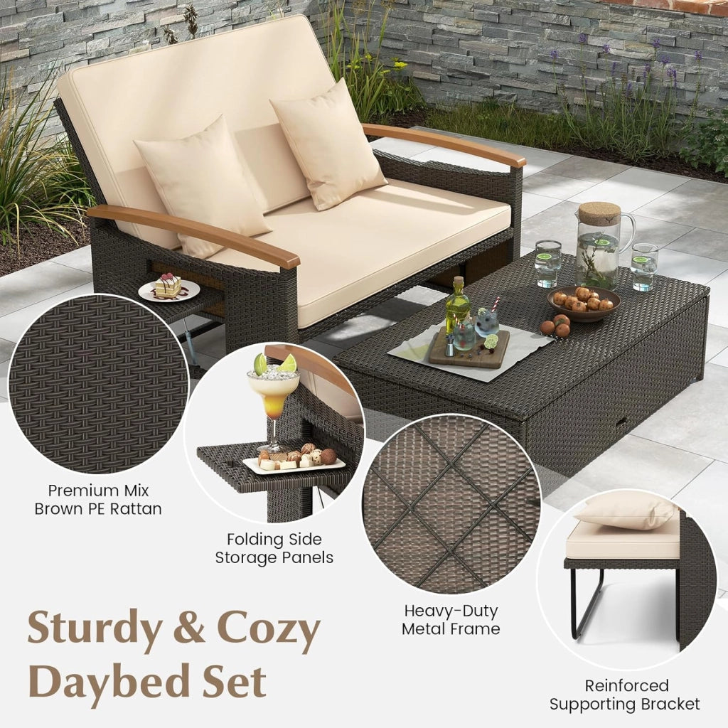Divano da Giardino in Rattan a 2 Posti con Funzione Allungata, Set di Mobili in Rattan con Sgabello, Doppia Sedia a Sdraio per 2 Persone, 3 Colori (Cuscino Beige)