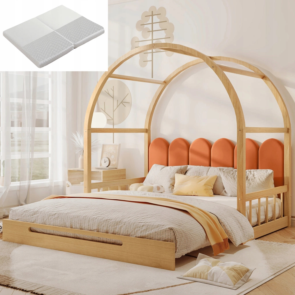 Letto con struttura estraibile - Xylo - 140x100cm&140x200cm - Naturale e arancione