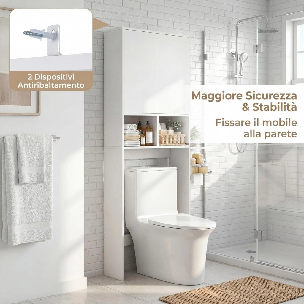 Mobile Bagno Sopra WC, Mobiletto Bagno Salvaspazio da Terra con 2 Ante, 2 Scomparti Aperti e Ripiano Regolabile, Scaffale Sopra Lavatrice per Lavanderia, 60 x 23 x 166 cm
