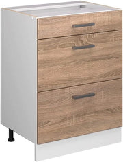 Mobiletto base per cucina R-Line, Sonoma, 60 cm con cassetti, senza piano di lavoro, per la libera combinazione all'interno di sistemi cucina modulari