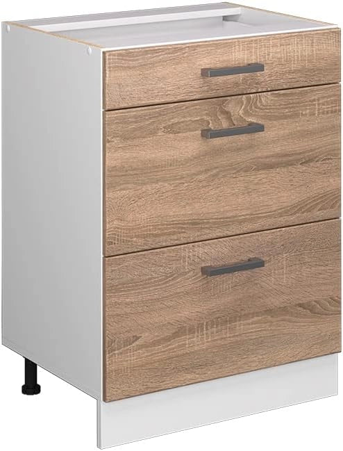 Mobiletto base per cucina R-Line, Sonoma, 60 cm con cassetti, senza piano di lavoro, per la libera combinazione all'interno di sistemi cucina modulari