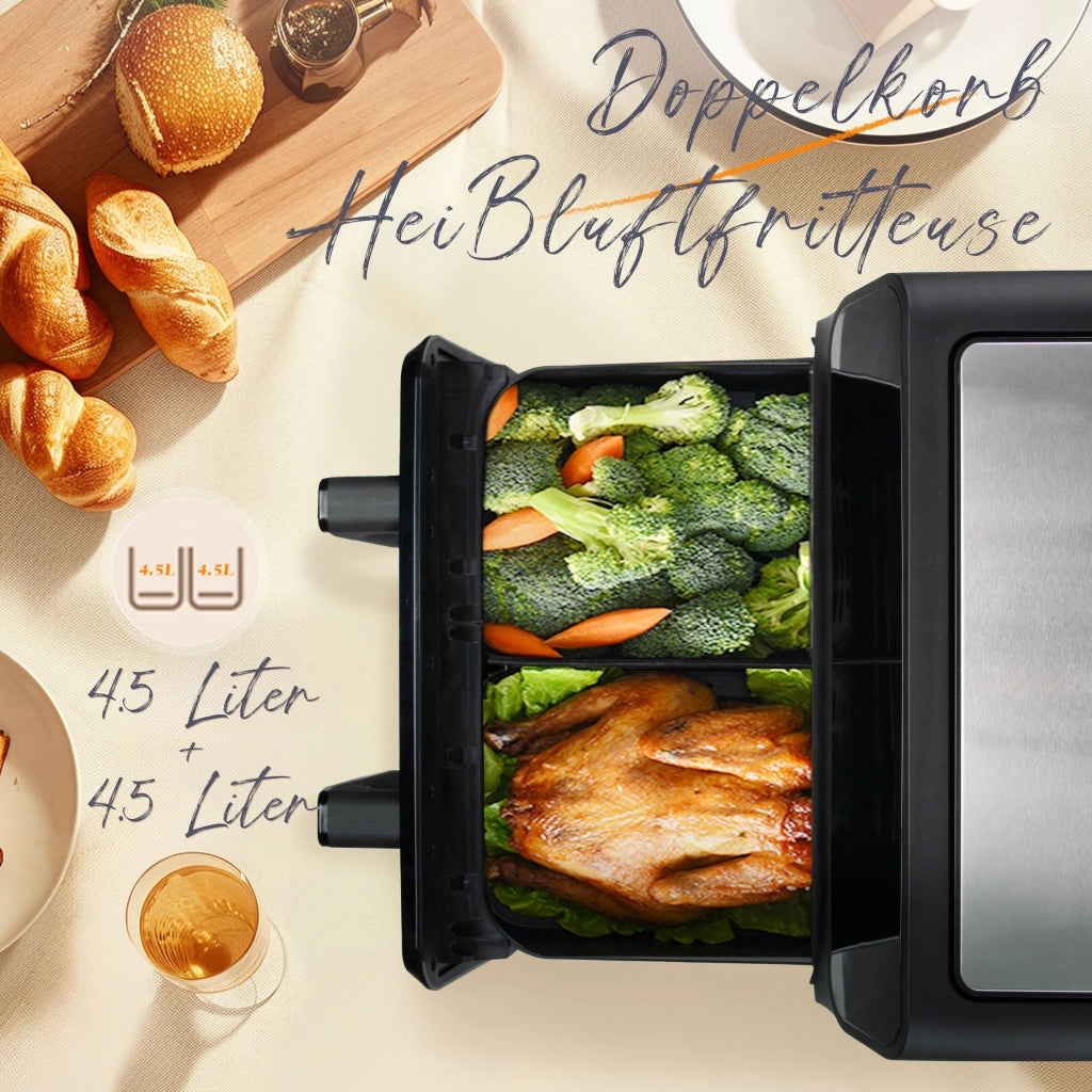Friggitrice ad aria a doppia camera da 9 litri ¨C Potenza elevata di 2200 W, finestra di visualizzazione, display a LED a colori, cestelli singoli e do