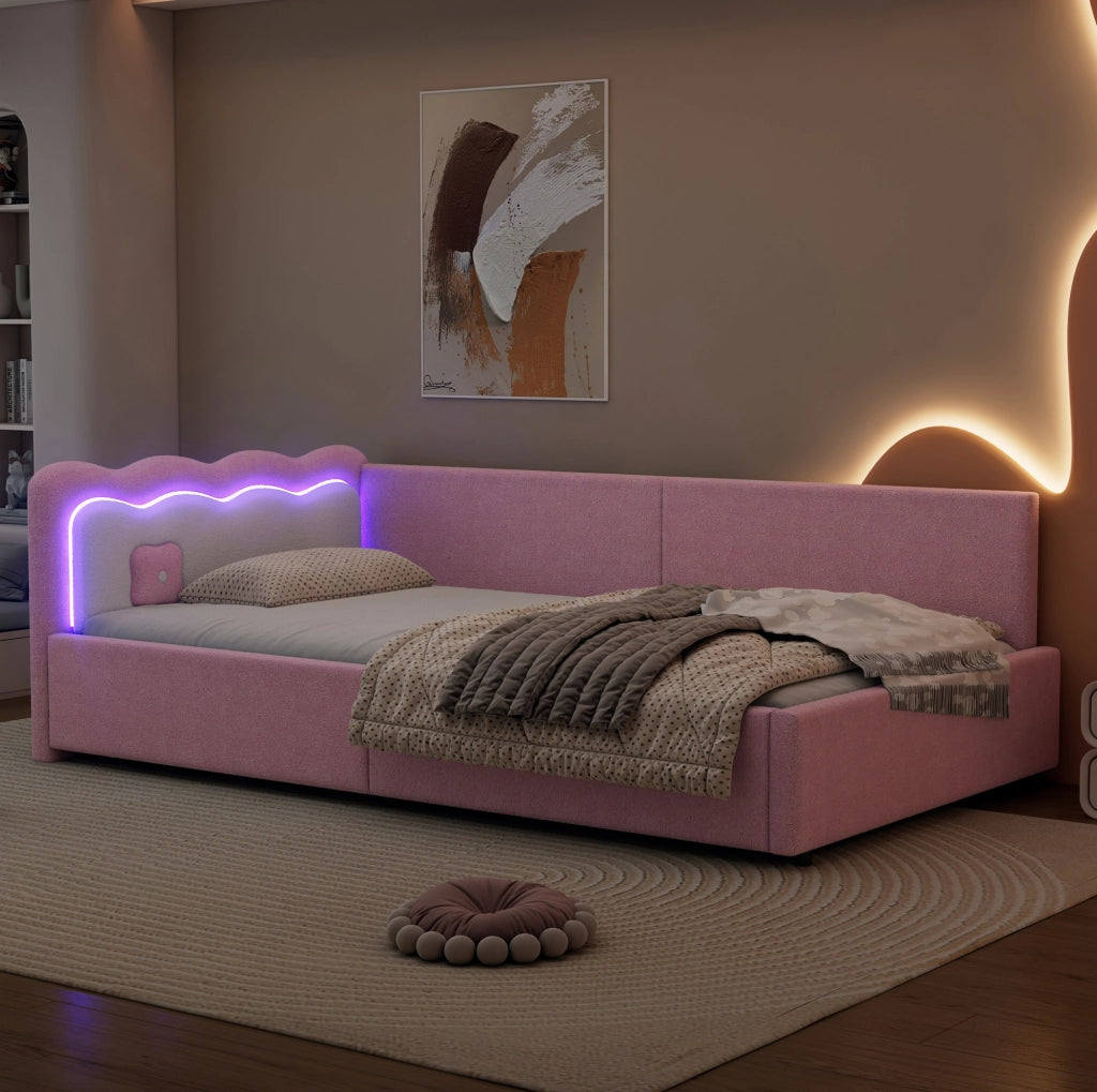 Divano letto rosa 90 x 200 cm con illuminazione LED e struttura in MDF