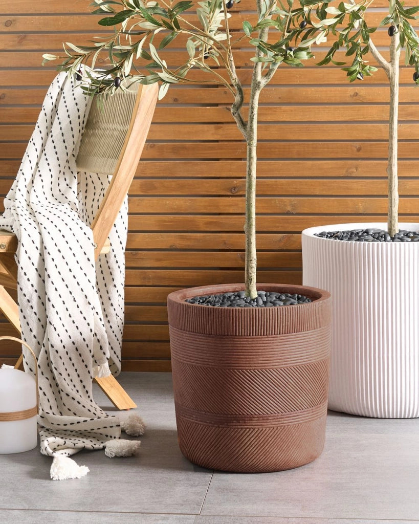 Vaso rotondo per piante in fibra di argilla con motivo a rilievo marrone dorato ⌀ 36 cm terrazzo giardino esterno