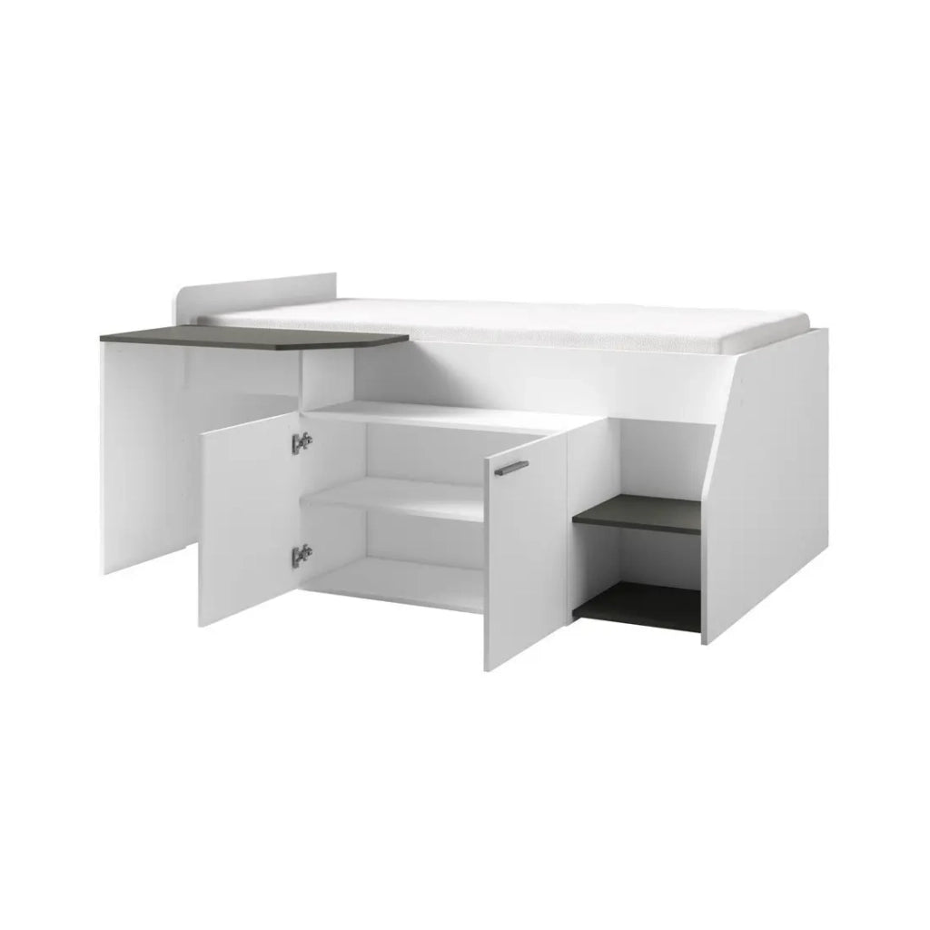 Letto Combinato ZOLA con Scrivania - Color Bianco Satinato e Grigio - 204 x 90 x 135 cm