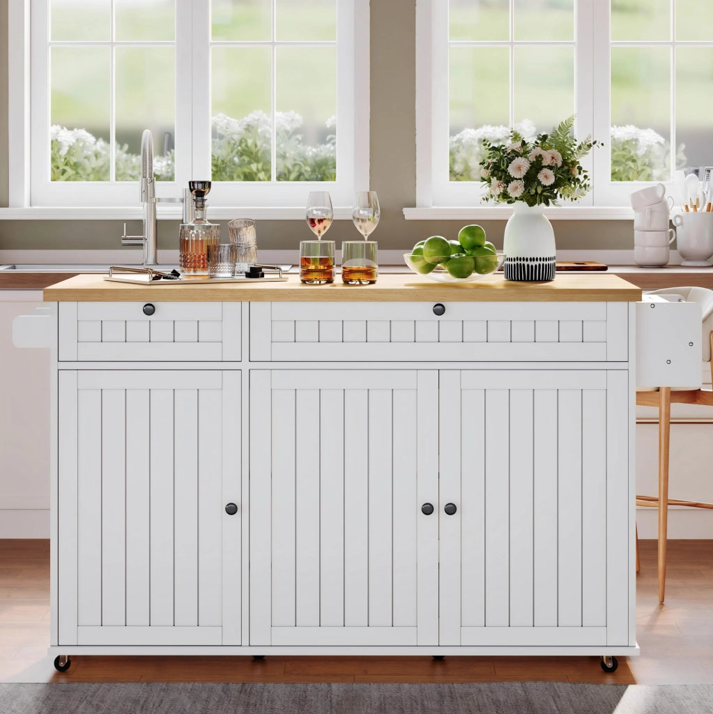 Isola cucina 137x89.5x45 cm con piano ribaltabile; ruote bloccabili; MDF; naturale e bianco