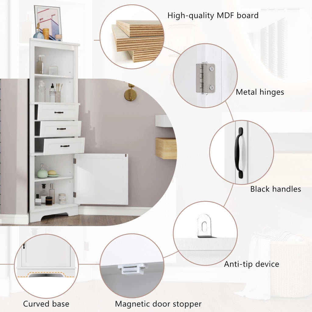 Armadietto bagno angolare a colonna con cassetti e ripiani regolabili ¨C MINIMAL ¨C bianco, 57,7x46x167,5 cm