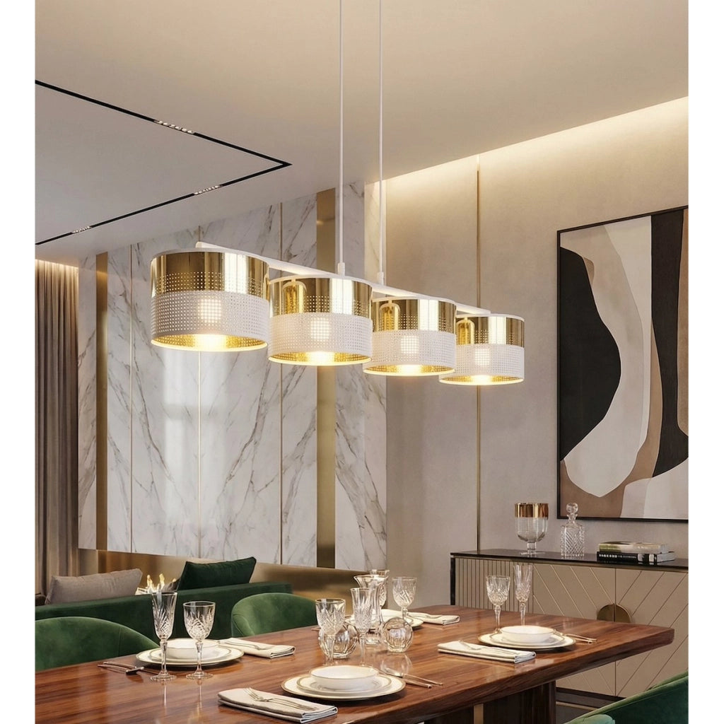 Lampada a sospensione Lux in acciaio bianco e oro