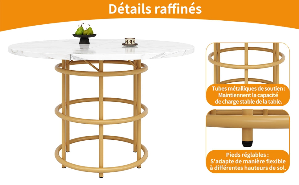 Tavolo da Pranzo Rotondo ¨C MINIMAL ¨C Piano in MDF Effetto Marmo, Gambe in Metallo Dorato, 100x100x76