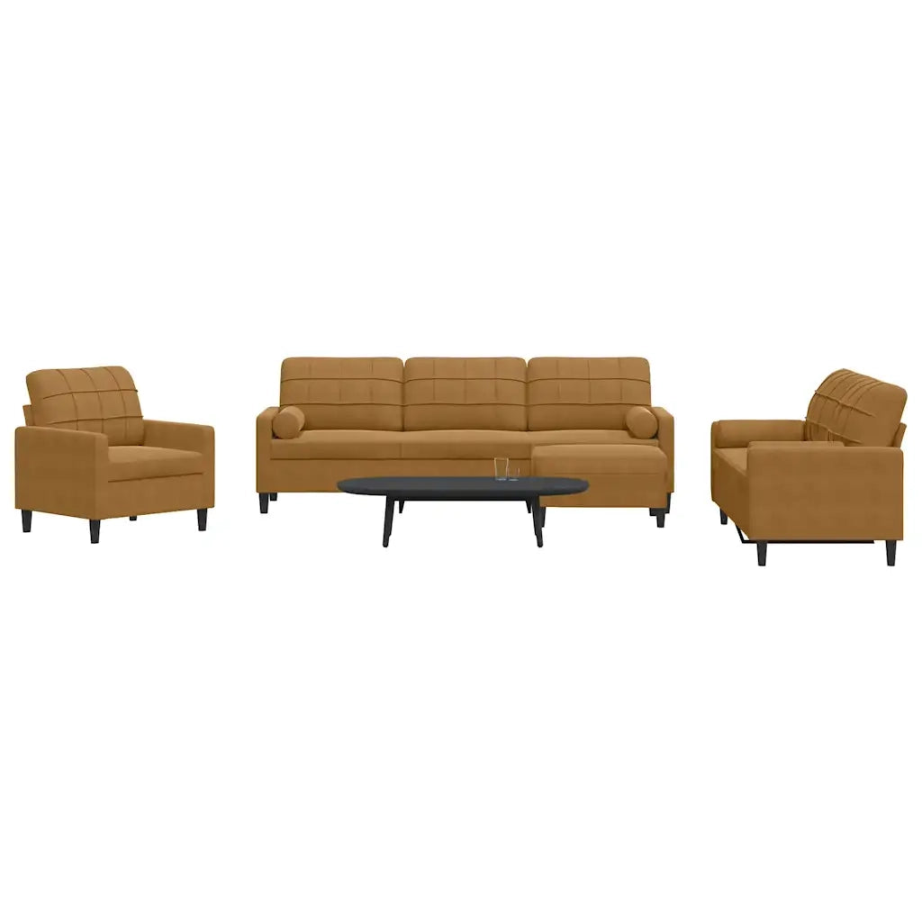 Set di Divani 4 pz con Cuscini e Rinforzi Marrone in Velluto