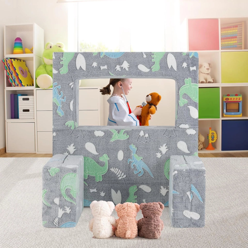 Divano Pieghevole 3 in 1 per Bambini Brilla al Buio, Poltrona Bambini con Rivestimento in Flanella Rimovibile e Lavabile, Pouf per Cameretta (Dinosauro Grigio)