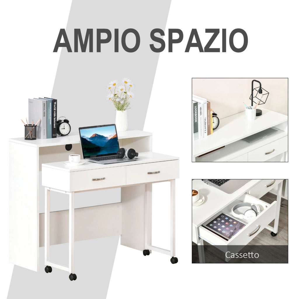 Scrivania con Cassetti e Ruote 100x36x88 cm in Metallo e MDF Bianca
