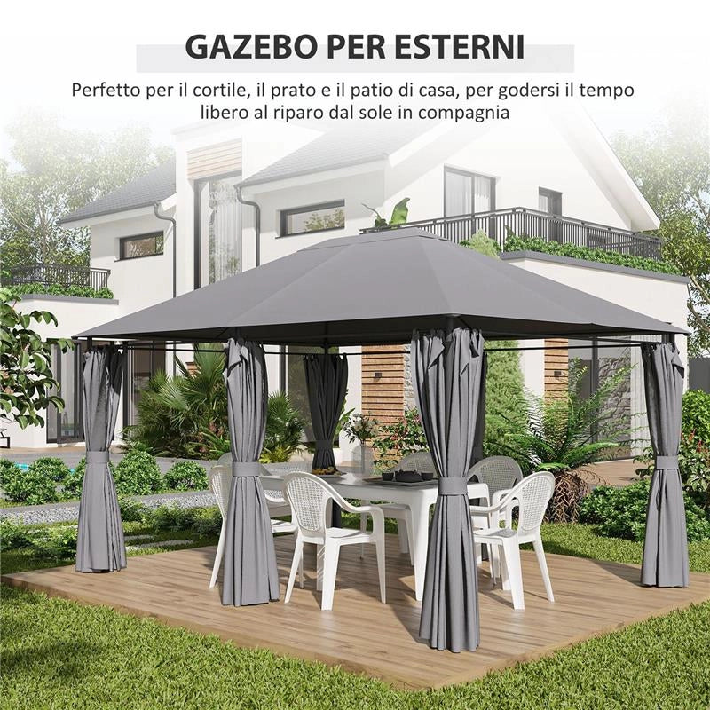 GAZEBO 3X4 M CON 6 PARETI RIMOVIBILI, 8 FORI DI DRENAGGIO E 12 PICCHETTI, IN ACCIAIO E POLIESTERE, GRIGIO E NERO