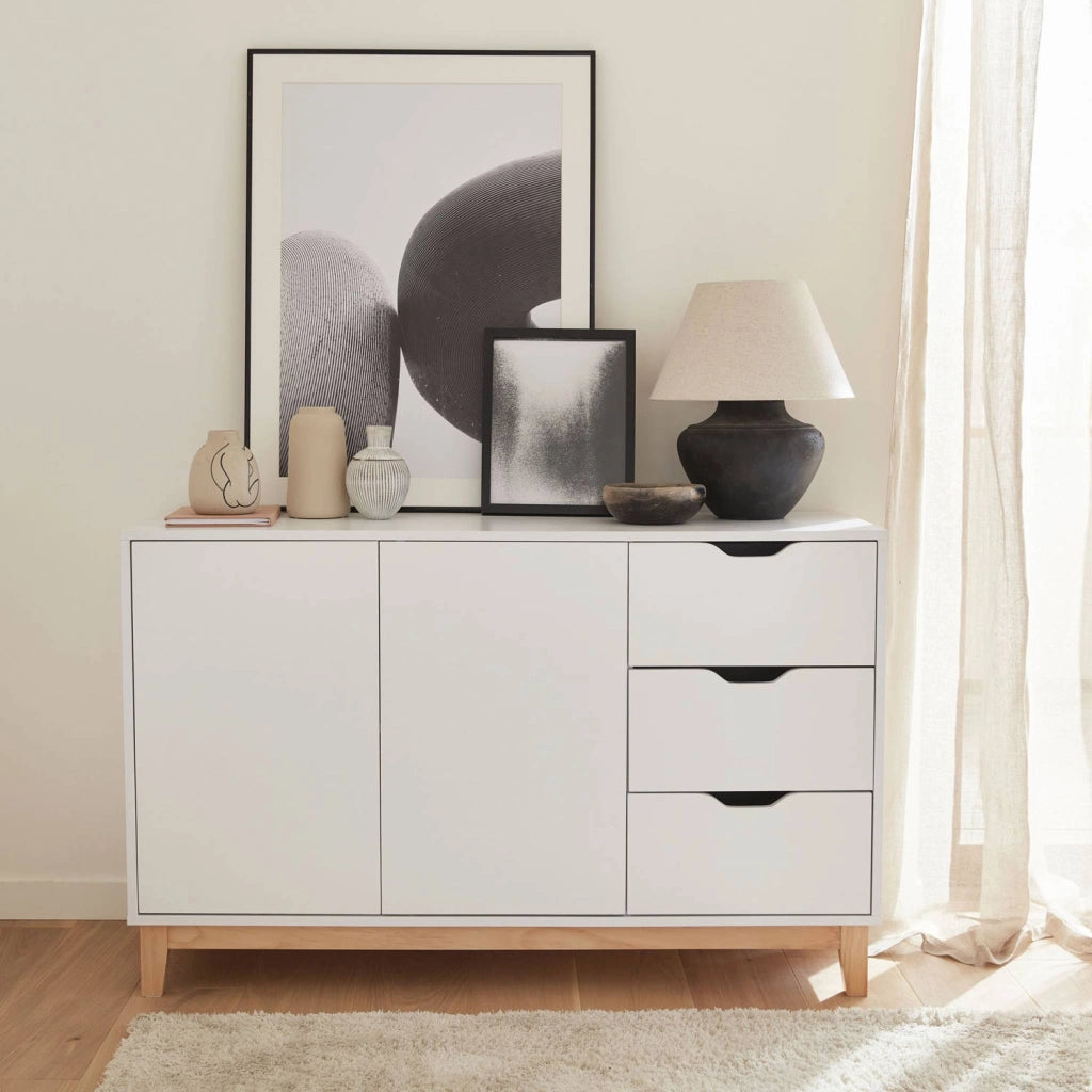 Credenza effetto legno con gambe in legno 2 ante, 120cm, bianco