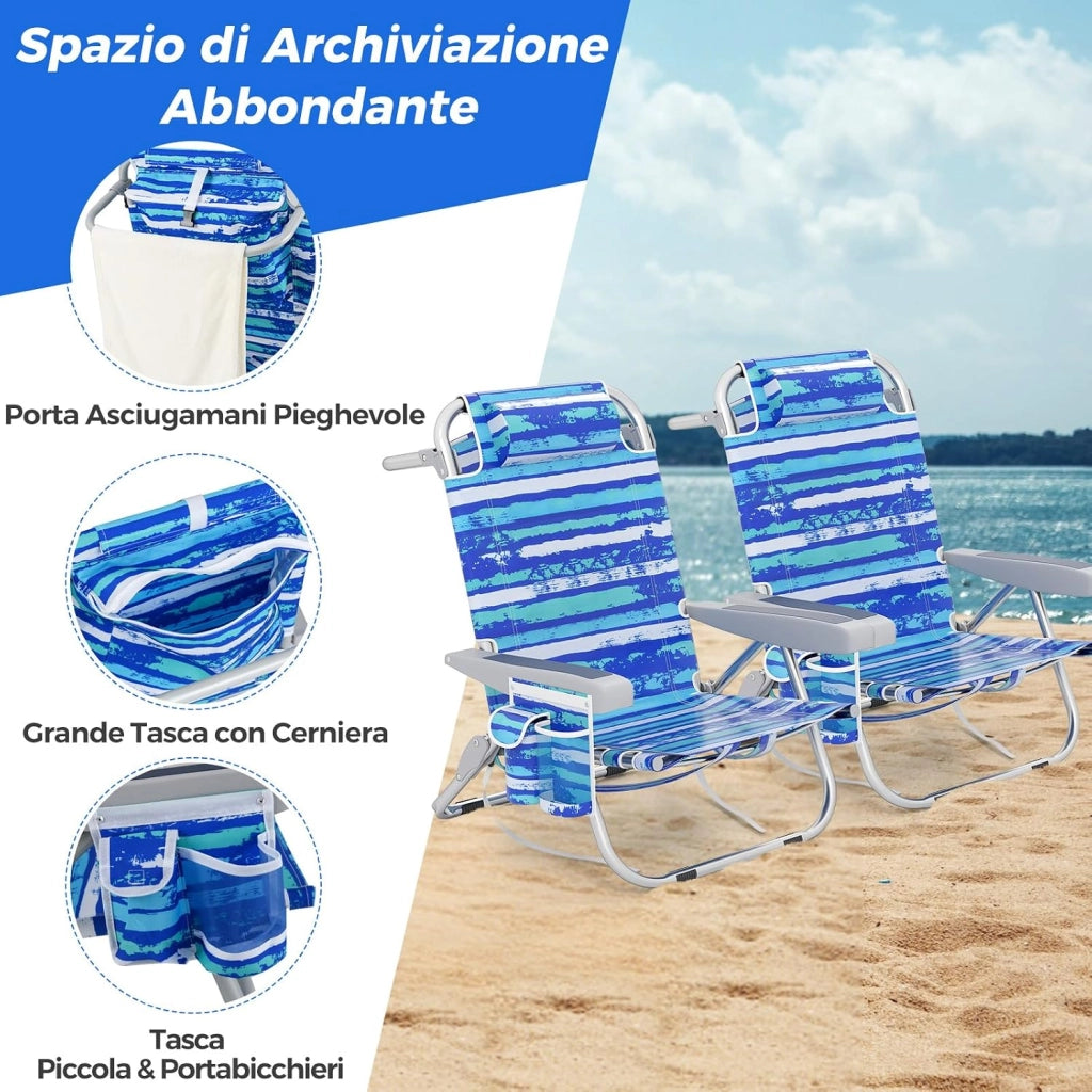 Sedia da Spiaggia, Sdraio Pieghevole a 5 Posizioni con Portabicchieri, Poltrona da Spiaggia con Cuscino per Testa e Zaino, Sedia da Campeggio Portatile, Portata 150 kg (Blu Scuro,2)