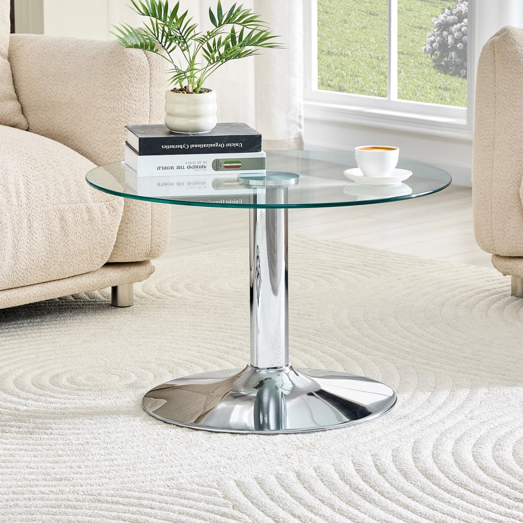 Tavolino basso rotondo con piano in vetro temperato e base in metallo, stile moderno, argento, 70 × 45 cm