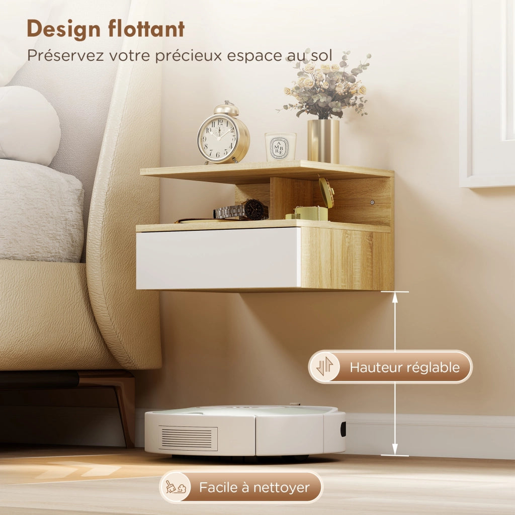Comodino sospeso bianco e rovere ¨C Xylo ¨C Set 2 pezzi con cassetto 35x32x22,5cm