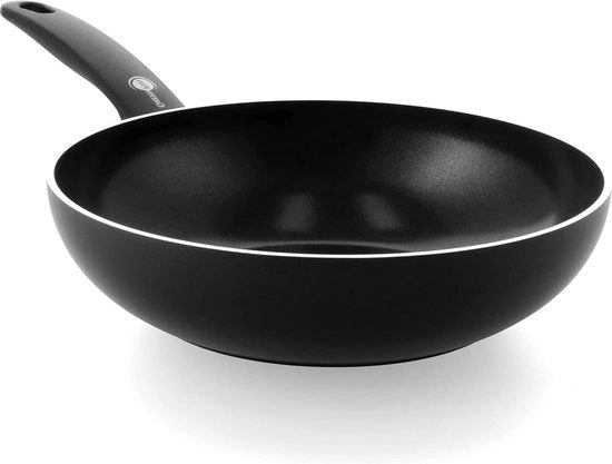 Wok in Ceramica 28 cm - 37 L - Senza PFAS - Resistente al Lavastoviglie Induttivo - Sicuro per il Forno - Nero