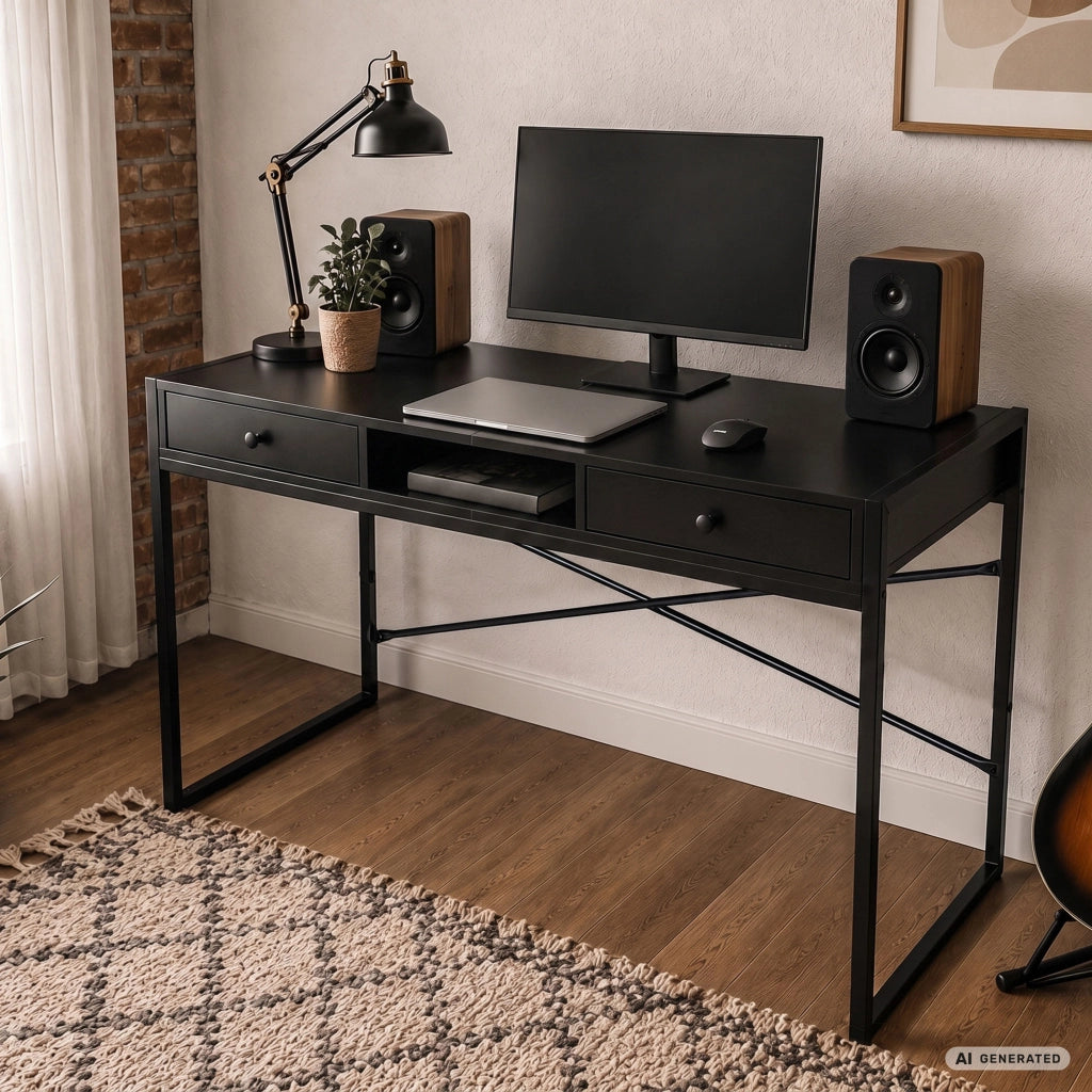 Scrivania industriale per computer Nera ELONIS 123 cm 2 cassetti 1 ripiano gambe nere